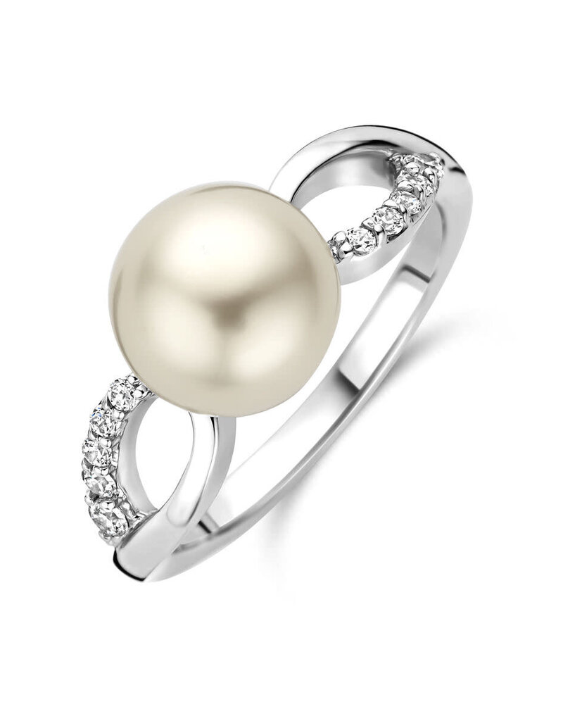 Zilveren damesring - Zirkonia - Zoetwaterparel - Maat 17.75
