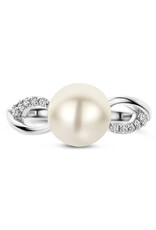 Zilveren damesring - Zirkonia - Zoetwaterparel - Maat 17.75
