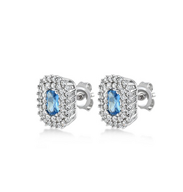 Zilveren oorknoppen - Gerhodineerd - Blanke en blauwe zirkonia