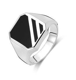 Zilveren zegelring - gerhodineerd - Massief - Onyx - Maat 21