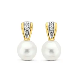 Bernstein Gouden oorknoppen - 14 karaats - Bicolor - Briljant - SI2 - 0.020 crt - Parel