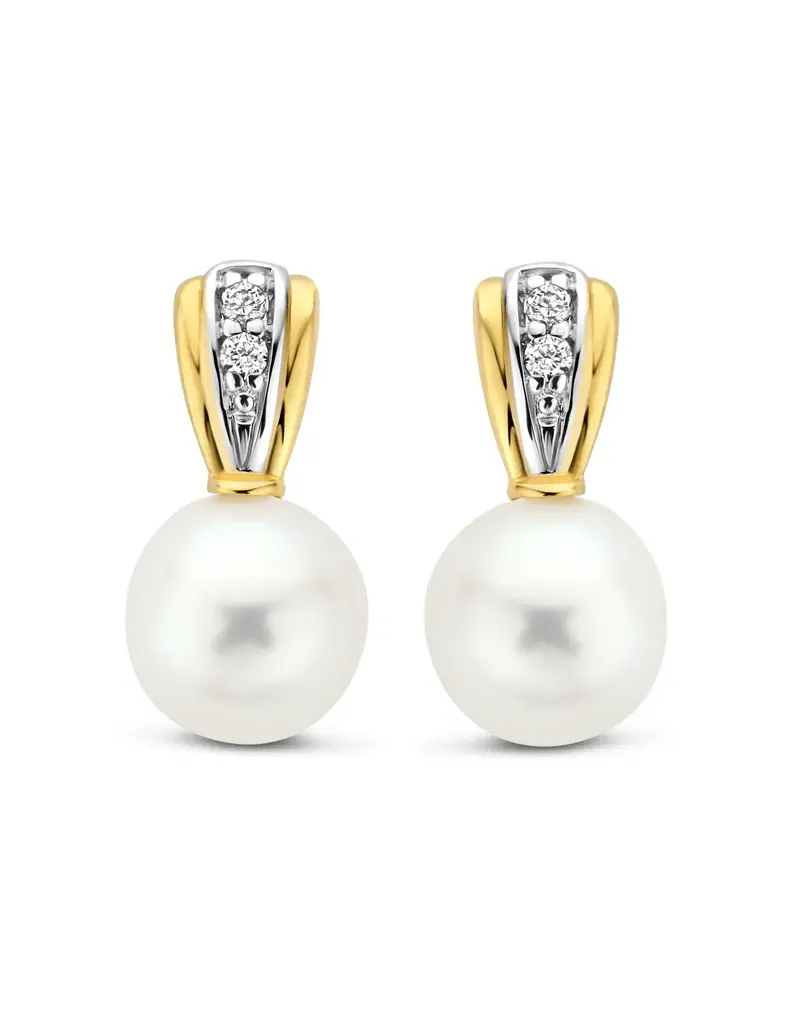 Bernstein Gouden oorknoppen - 14 karaats - Bicolor - Briljant - SI2 - 0.020 crt - Parel