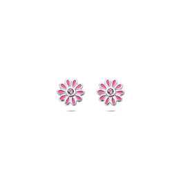 Zilveren oorknoppen - Gerhodineerd - Roze bloem - Roze Zirkonia