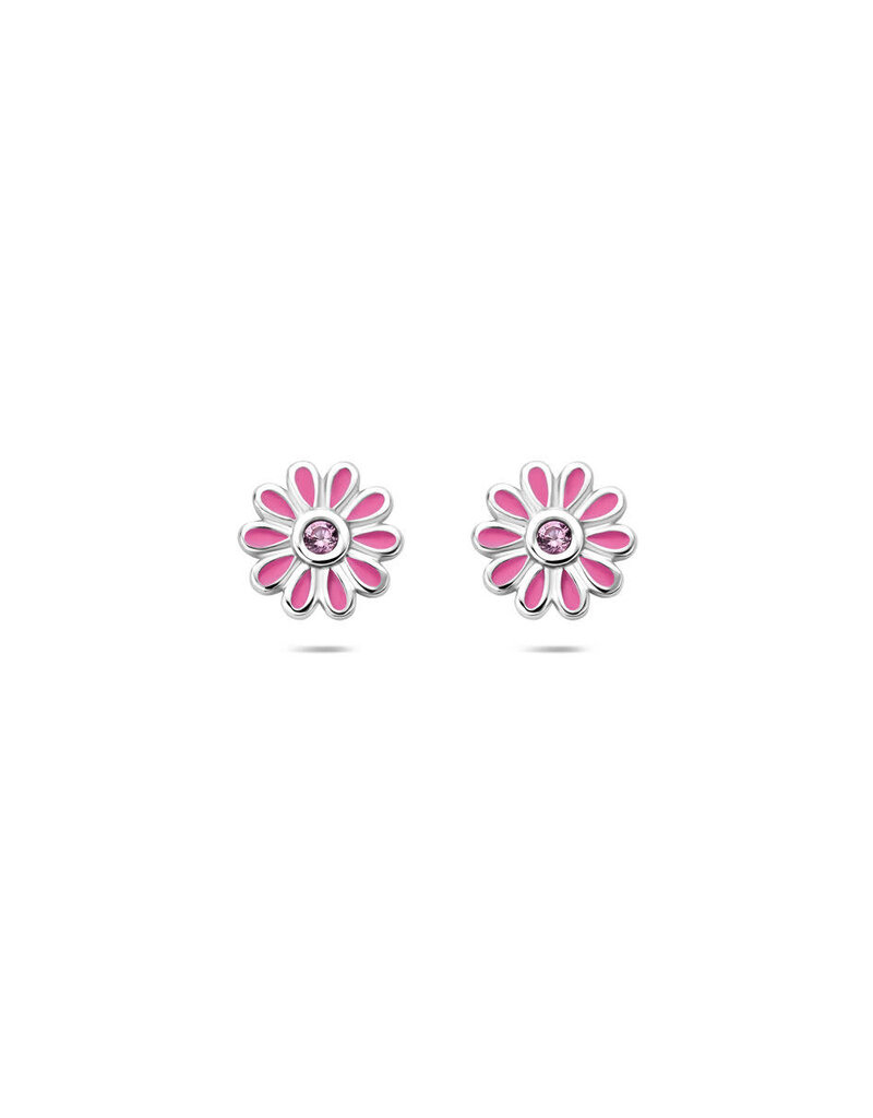 Zilveren oorknoppen - Gerhodineerd - Roze bloem - Roze Zirkonia