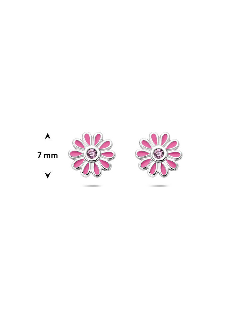 Zilveren oorknoppen - Gerhodineerd - Roze bloem - Roze Zirkonia