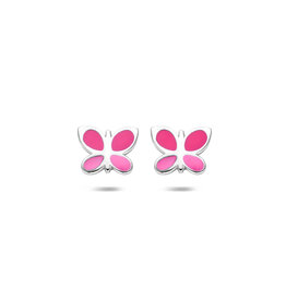 Zilveren oorknoppen - Gerhodineerd - Vlinder - Emaille - Roze