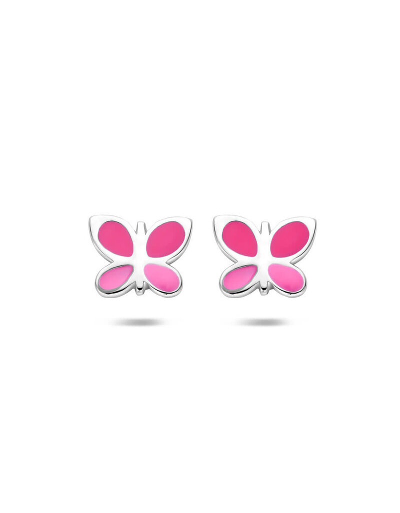Zilveren oorknoppen - Gerhodineerd - Vlinder - Emaille - Roze