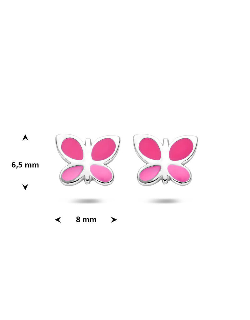 Zilveren oorknoppen - Gerhodineerd - Vlinder - Emaille - Roze