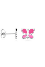 Zilveren oorknoppen - Gerhodineerd - Vlinder - Emaille - Roze