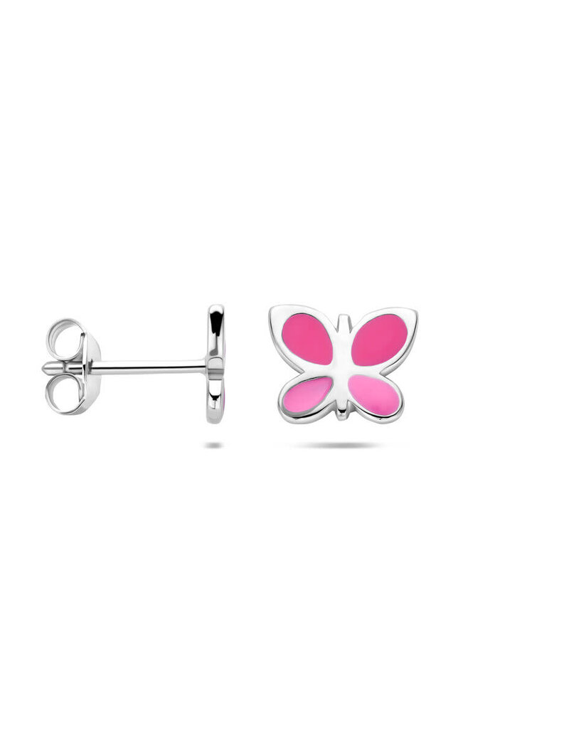 Zilveren oorknoppen - Gerhodineerd - Vlinder - Emaille - Roze