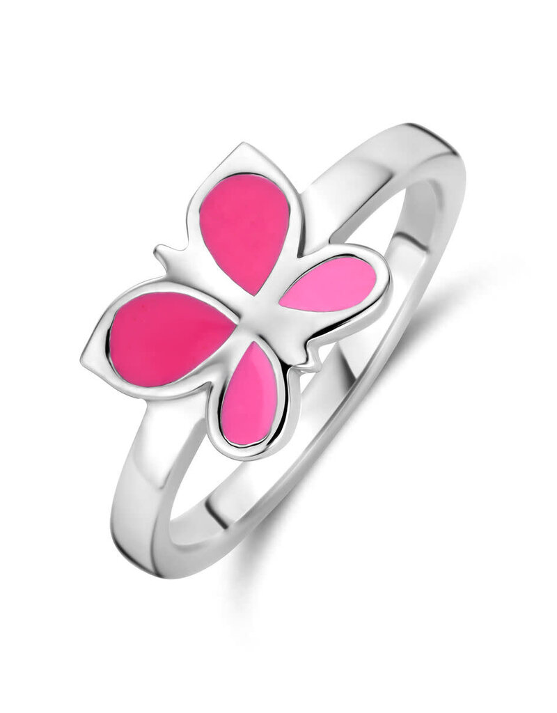 Zilveren kinderring - Gerhodineerd - Vlinder - Emaille - Roze - Maat 14.5