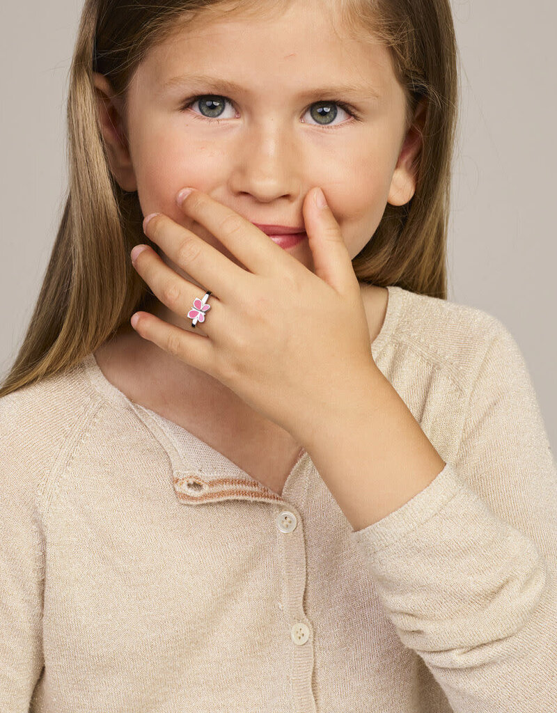 Zilveren kinderring - Gerhodineerd - Vlinder - Emaille - Roze - Maat 14.5