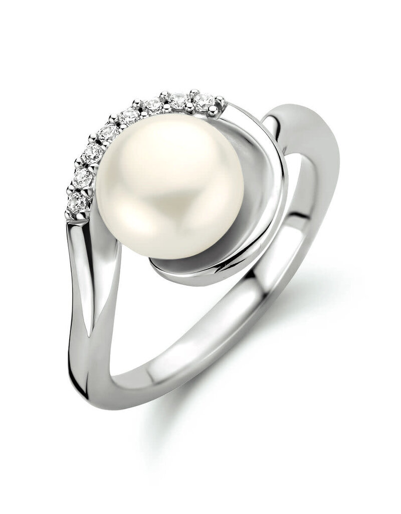 Zilveren ring - Zirkonia - Zoetwaterparel - Maat 17.75
