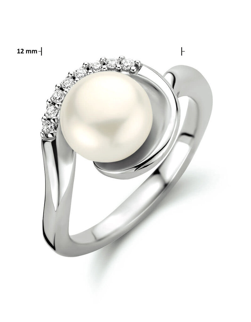Zilveren ring - Zirkonia - Zoetwaterparel - Maat 17.75
