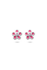 Zilveren oorknoppen - Gerhodineerd - Bloemetje - Emaille roze