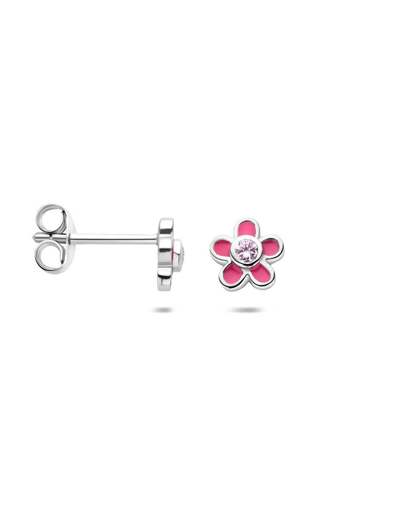 Zilveren oorknoppen - Gerhodineerd - Bloemetje - Emaille roze