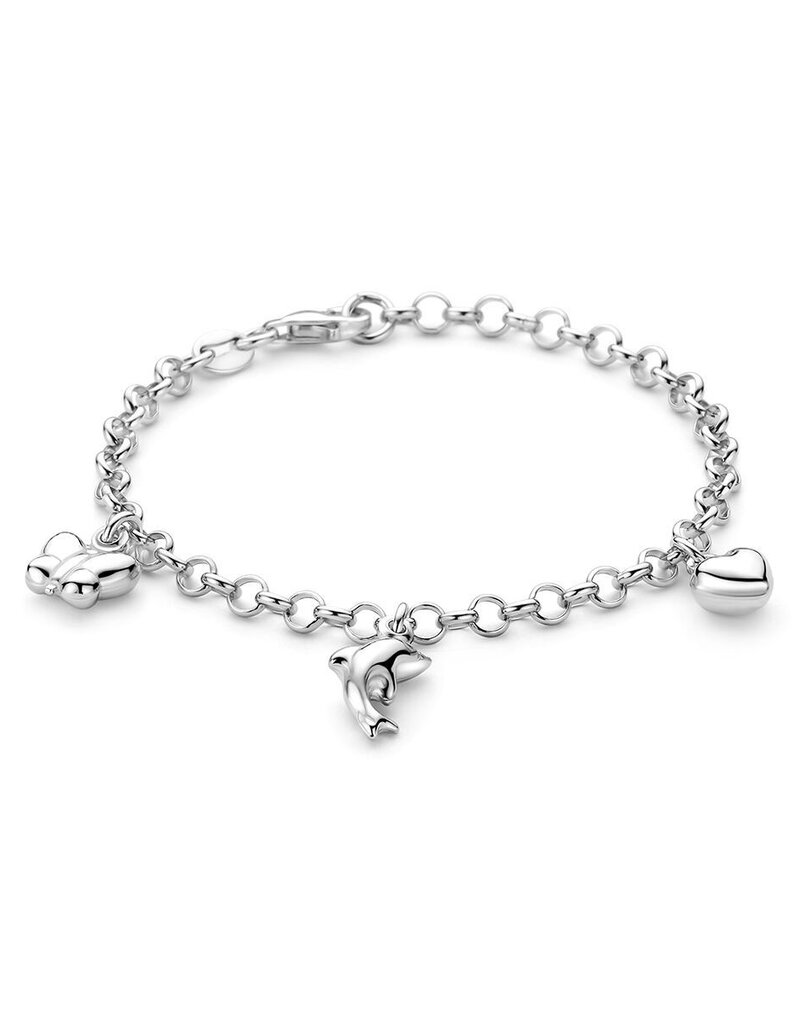 Zilveren bedelarmband - Gerhodineerd - Hartje, Vlinder - Dolfijn - 15 cm