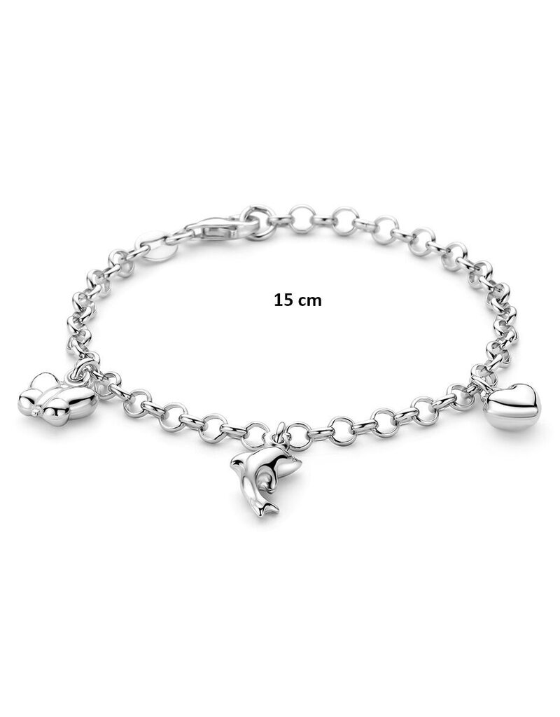 Zilveren bedelarmband - Gerhodineerd - Hartje, Vlinder - Dolfijn - 15 cm