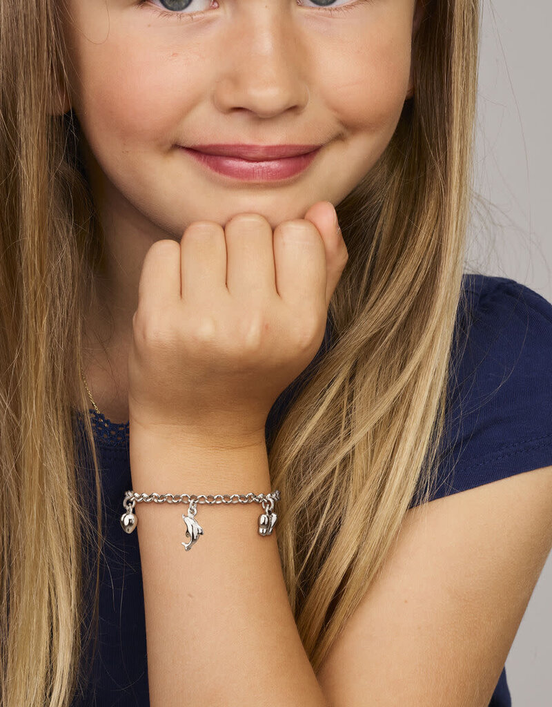 Zilveren bedelarmband - Gerhodineerd - Hartje, Vlinder - Dolfijn - 15 cm
