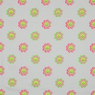 Tricot oeko-tex - neon flowers white