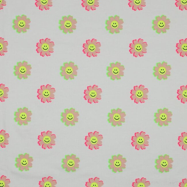 Tricot oeko-tex - neon flowers white