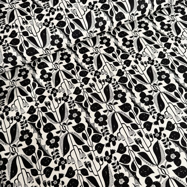Kokka Echino Cotton linen Canvas - naturel black flowers