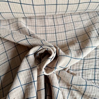 De Stoffenkamer Double Gauze grid sand / blue