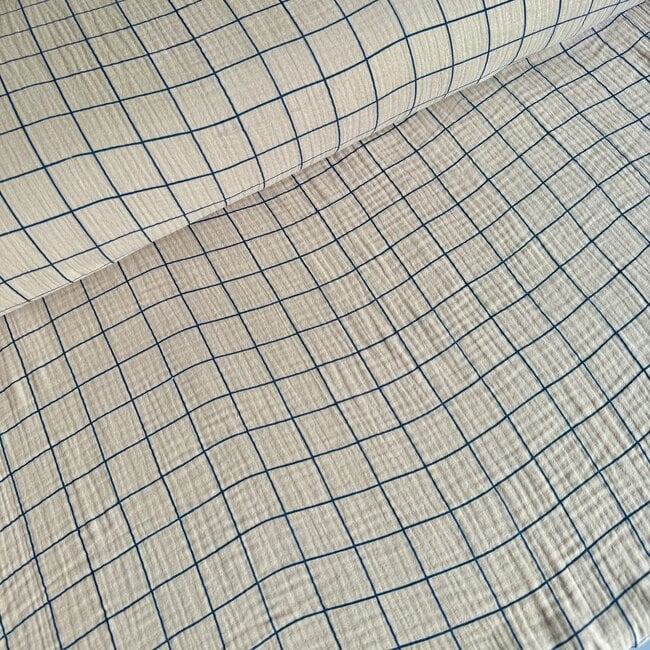 De Stoffenkamer Double Gauze grid sand / blue