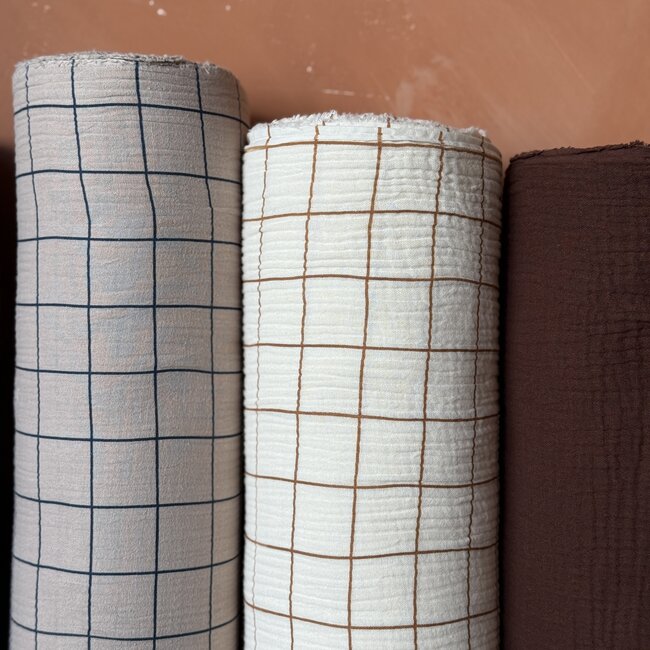 De Stoffenkamer Double Gauze grid sand / blue