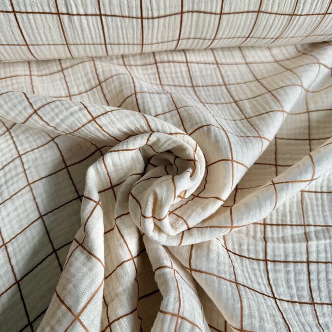 De Stoffenkamer Double Gauze grid creme / oker