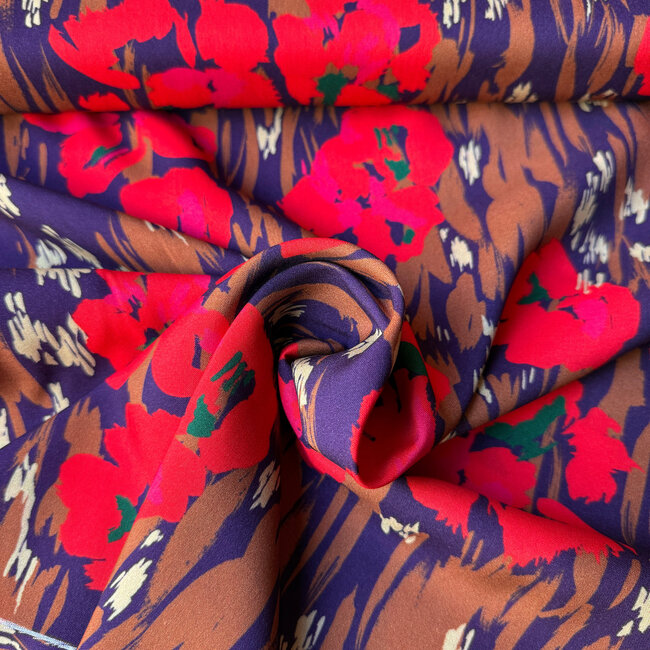 Viscose blouse purple tone red poppies