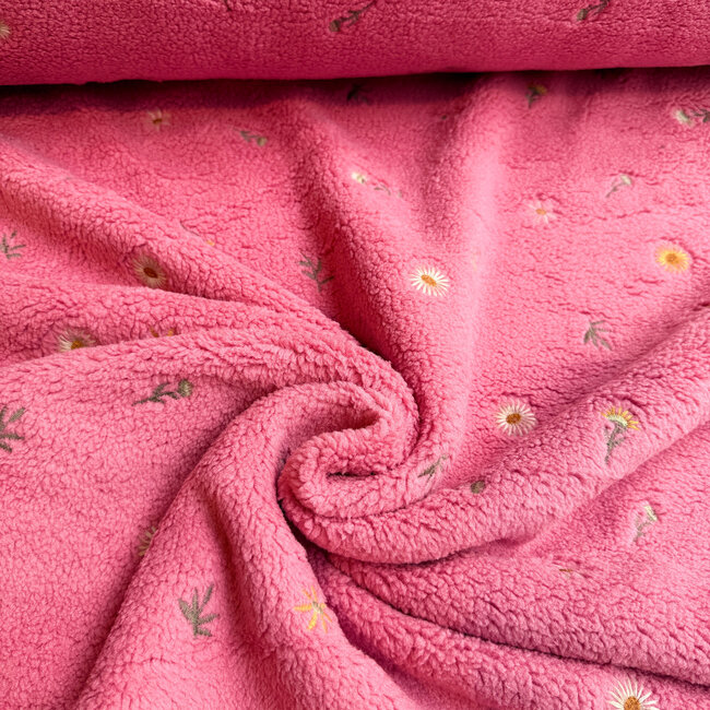De Stoffenkamer Teddy sherpa Embroidery flowers bright pink
