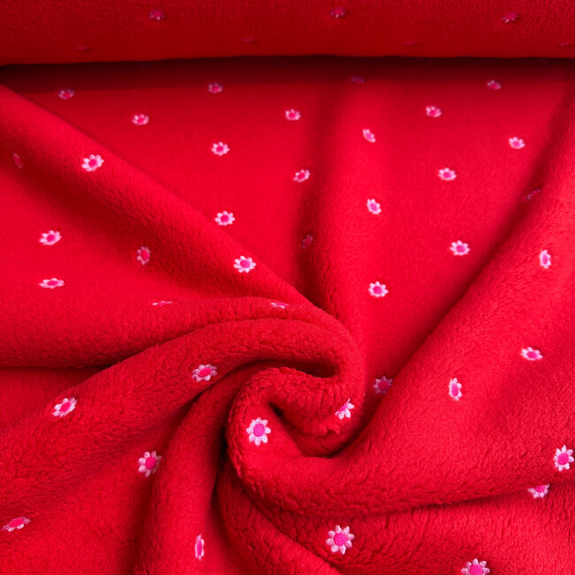 De Stoffenkamer Teddy sherpa Embroidery flowers Red