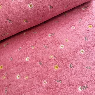 De Stoffenkamer Teddy sherpa Embroidery flowers bright pink