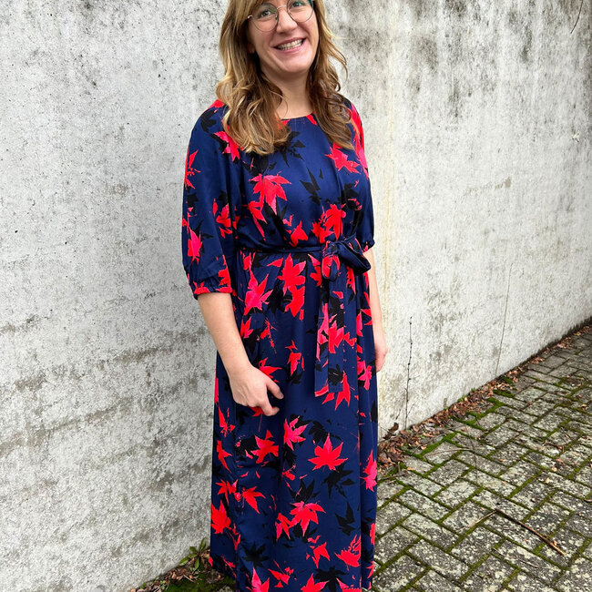 Viscose navy forest red leafs