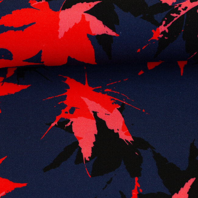 Viscose navy forest red leafs