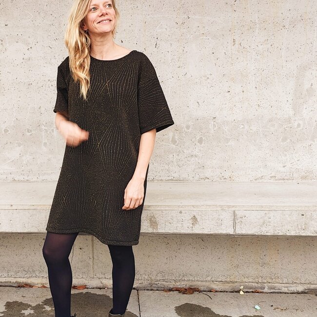 De Stoffenkamer FEEST - structuur tricot Glitter geo - black goud