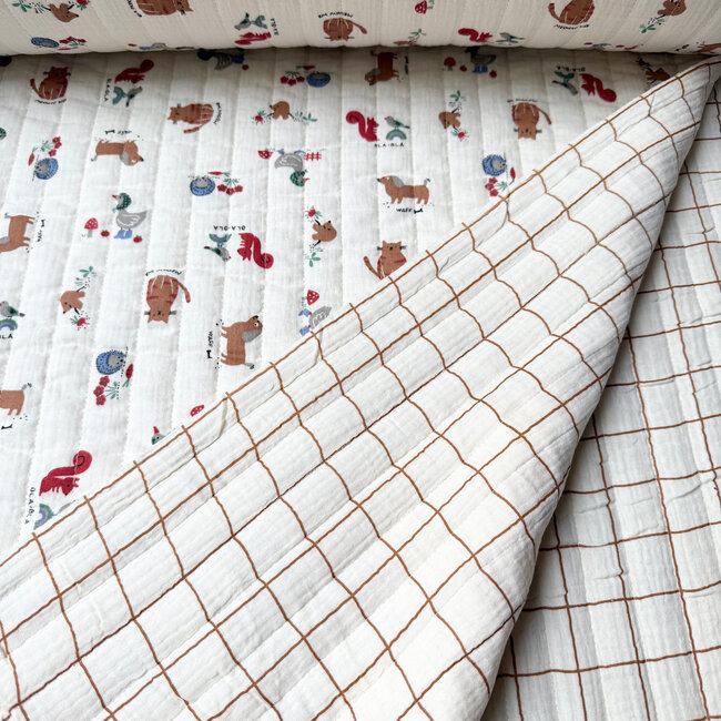 De Stoffenkamer Stepped Cotton Double Gauze tetra - ecru little animals / grid