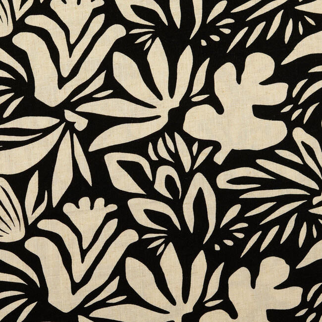 De Stoffenkamer Linen Mix naturel graphic flowers black