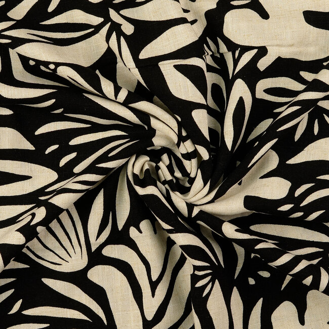 De Stoffenkamer Linen Mix naturel graphic flowers black