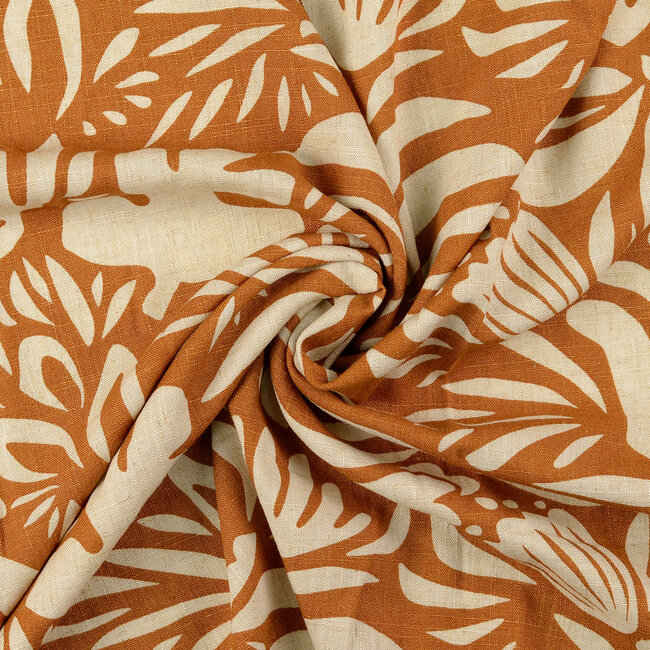 De Stoffenkamer Linen Mix naturel graphic flowers camel