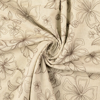 De Stoffenkamer Naturel linen mix Embroidery Flowers brown