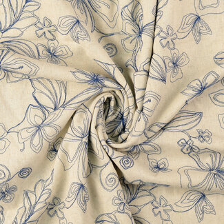 De Stoffenkamer Naturel linen mix Embroidery Flowers navy
