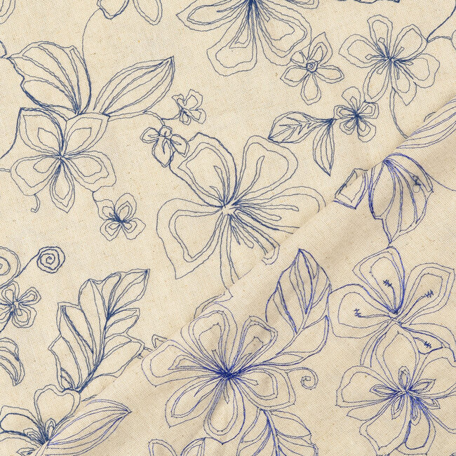 De Stoffenkamer Naturel linen mix Embroidery Flowers navy