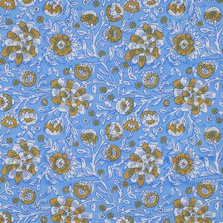 Handmade blockprint Cotton Poplin - flowers sky