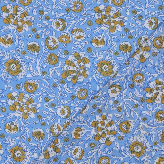 Handmade blockprint Cotton Poplin - flowers sky