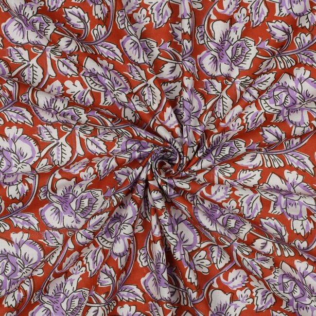 Handmade blockprint Cotton Poplin - flowers rusty orange
