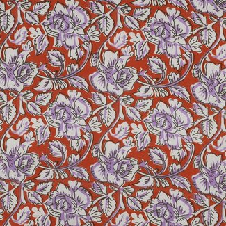 Handmade blockprint Cotton Poplin - flowers rusty orange