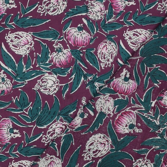 Handmade blockprint Cotton Poplin - flowers magenta