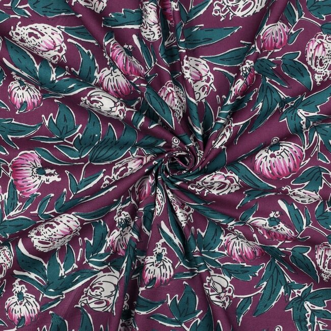 Handmade blockprint Cotton Poplin - flowers magenta